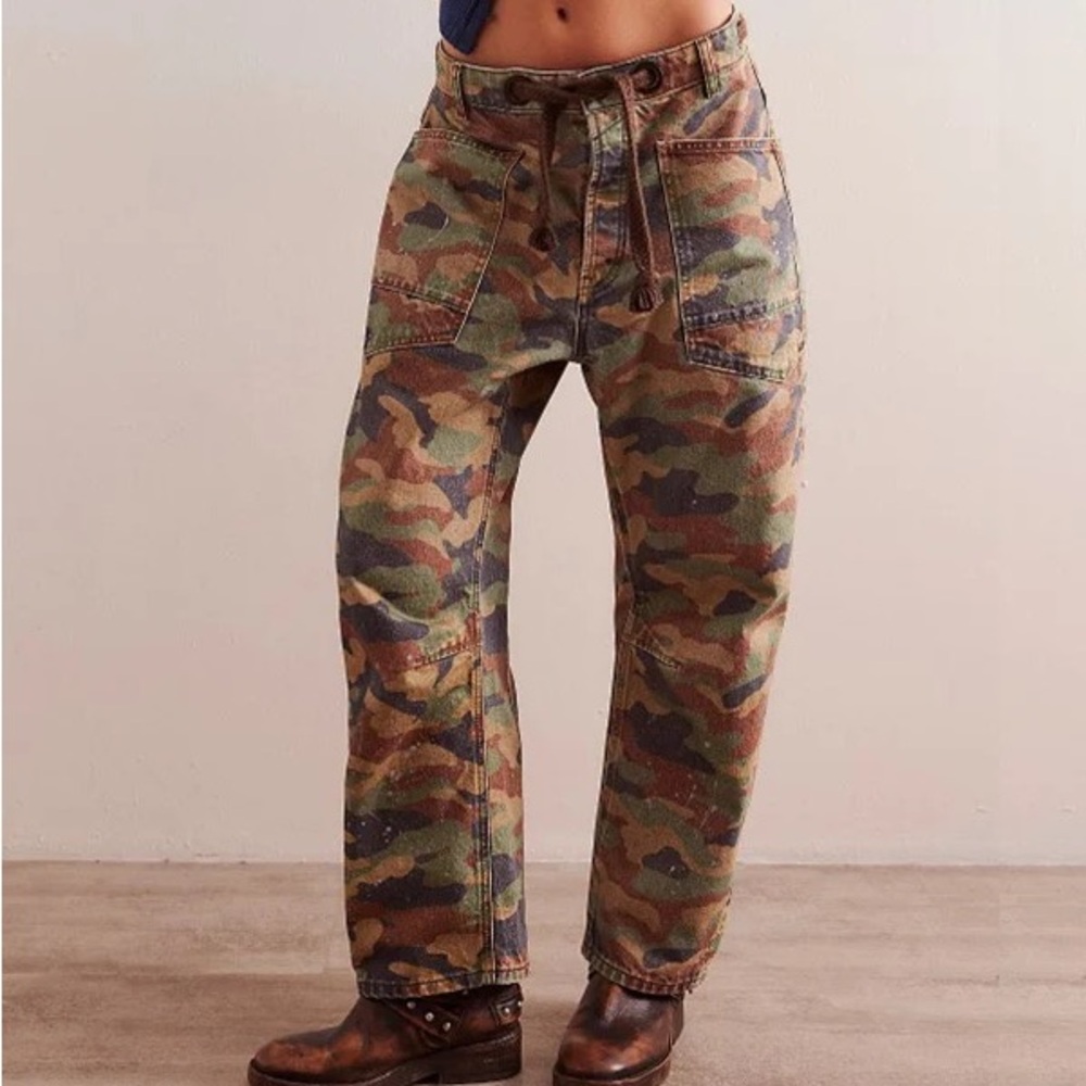 Free People Camo Utility Jeans in Green/Brown